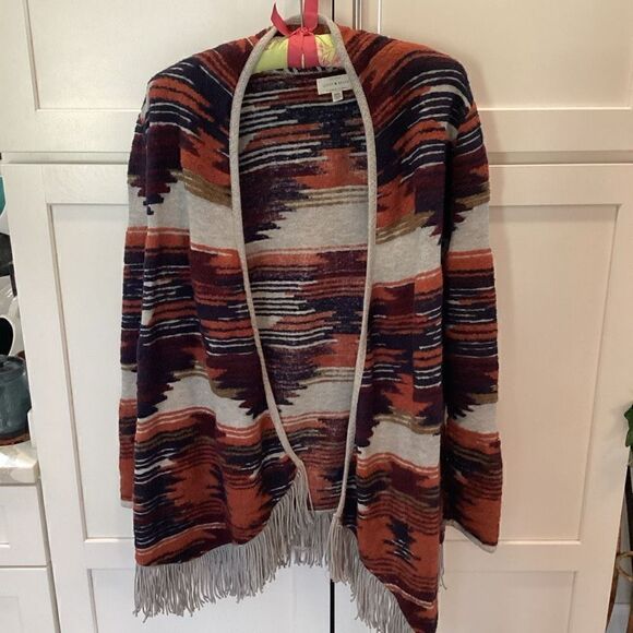 Lucky Brand Open Front Cardigan Sweater Sz M Aztec Southwestern Fringe - Picture 1 of 9